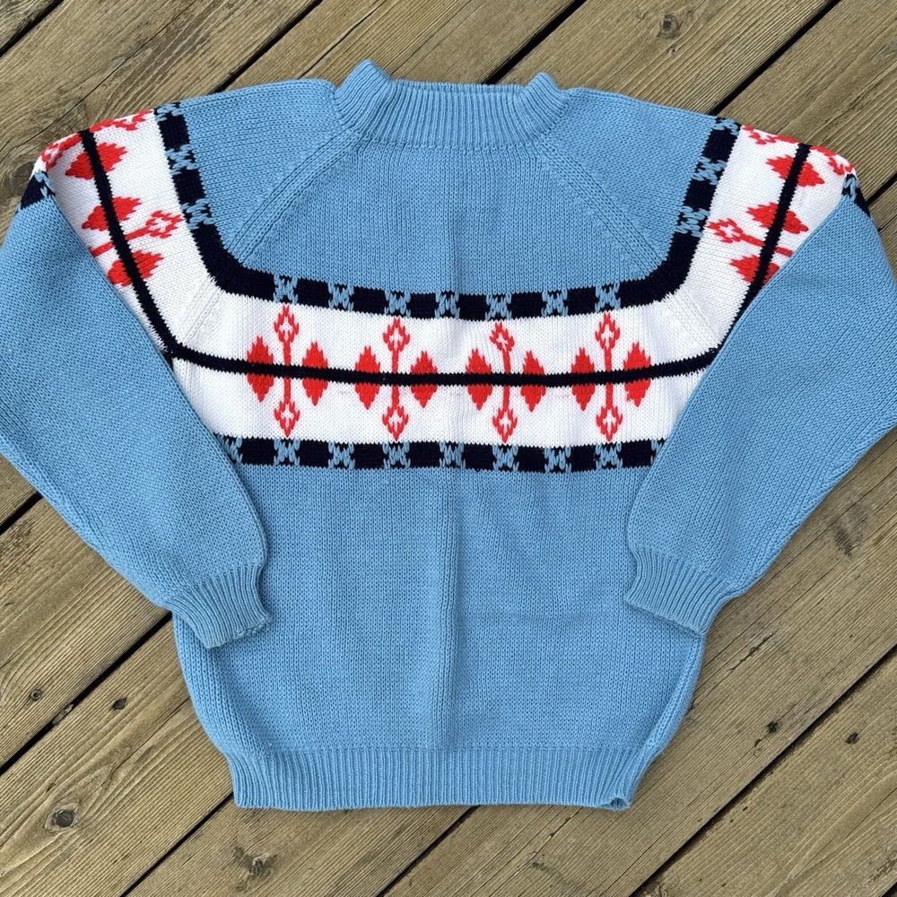 Vintage 80s Nordic Fair Isle Ski Sweater Blue Red White Knit XS S